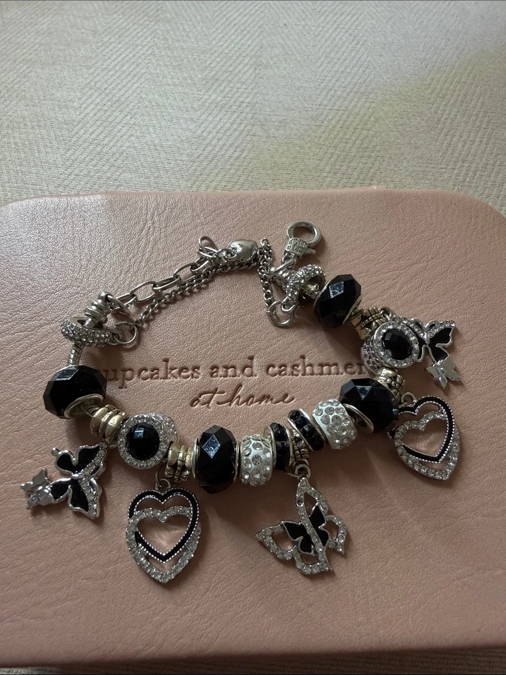 Stainless Silver-tone Black Bead Heart & Butterfly Charm Bracelet - Picture 9 of 10
